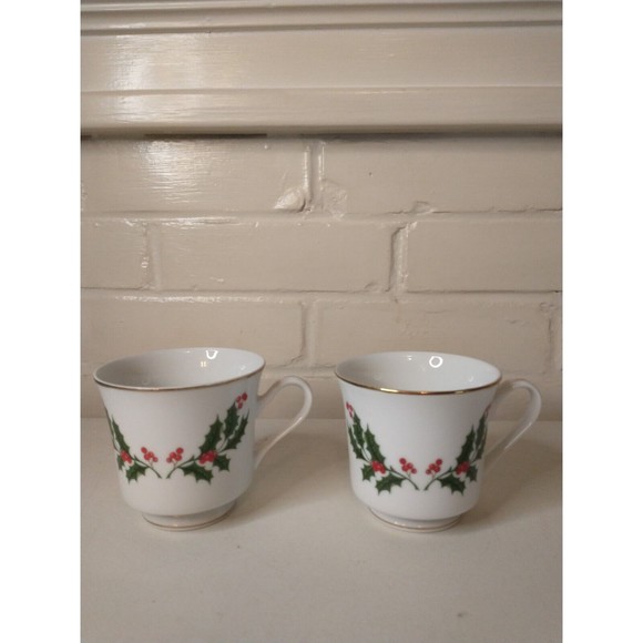 Fine China of Japan Other - Christmas Holly Tea Cups Footed Mugs Fine China of Japan Gold Rimmed